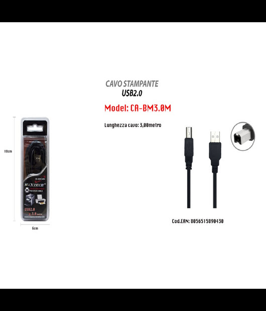 Cavo Da 3mt Usb 2.0 Per Stampante Hp Prolunga Dati Pc Hard Disk Maxtech Ca-bm3.0m         