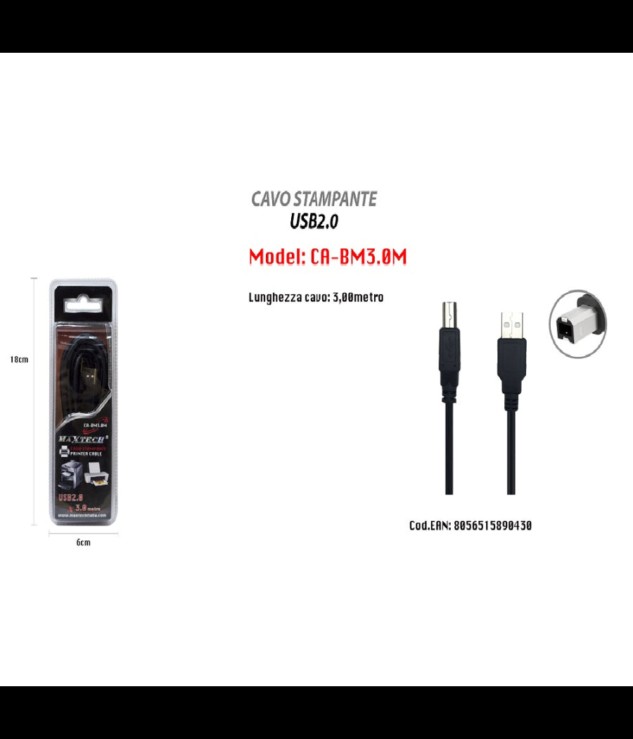 Cavo Da 3mt Usb 2.0 Per Stampante Hp Prolunga Dati Pc Hard Disk Maxtech Ca-bm3.0m         