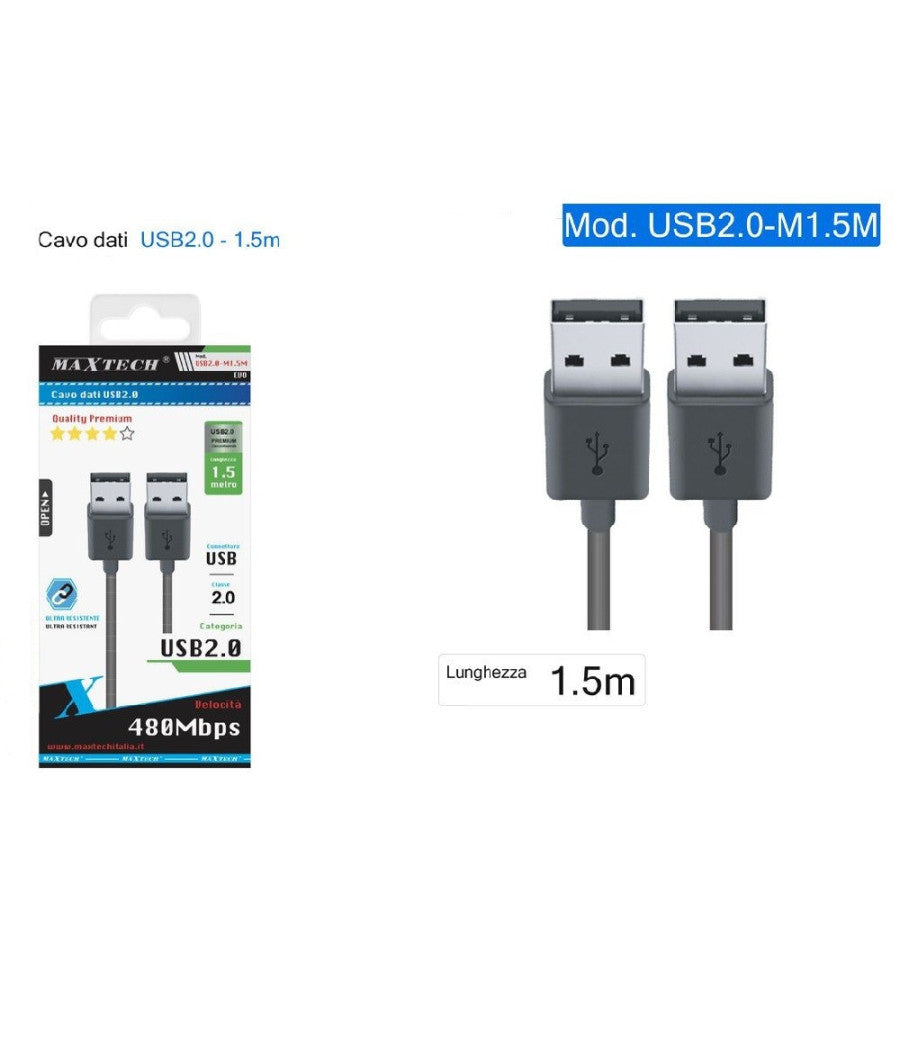 Cavo Dati Doppio Usb 2.0 Maschio - Maschio Prolunga 1,5 Mt 480mbps Usb2.0-m1.5m         