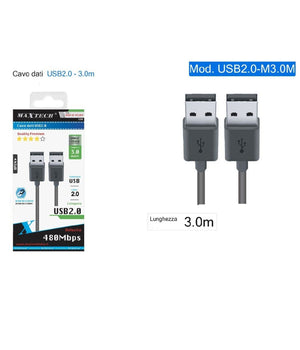 Cavo Dati Doppio Usb 2.0 Maschio - Maschio Prolunga 3 Metri 480mbps Usb2.0-m3.0m         