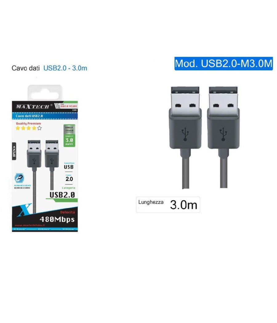 Cavo Dati Doppio Usb 2.0 Maschio - Maschio Prolunga 3 Metri 480mbps Usb2.0-m3.0m         