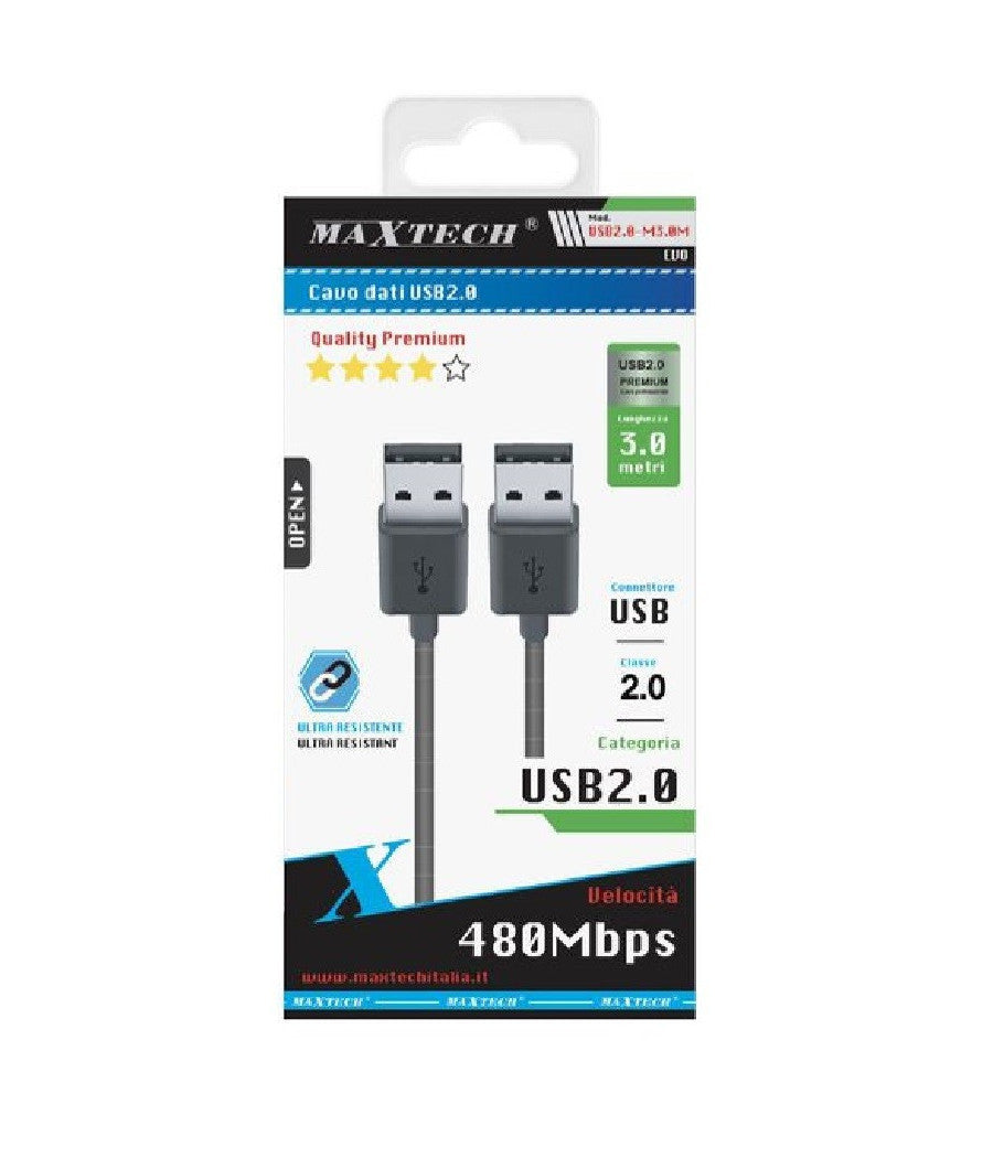 Cavo Dati Doppio Usb 2.0 Maschio - Maschio Prolunga 3 Metri 480mbps Usb2.0-m3.0m         