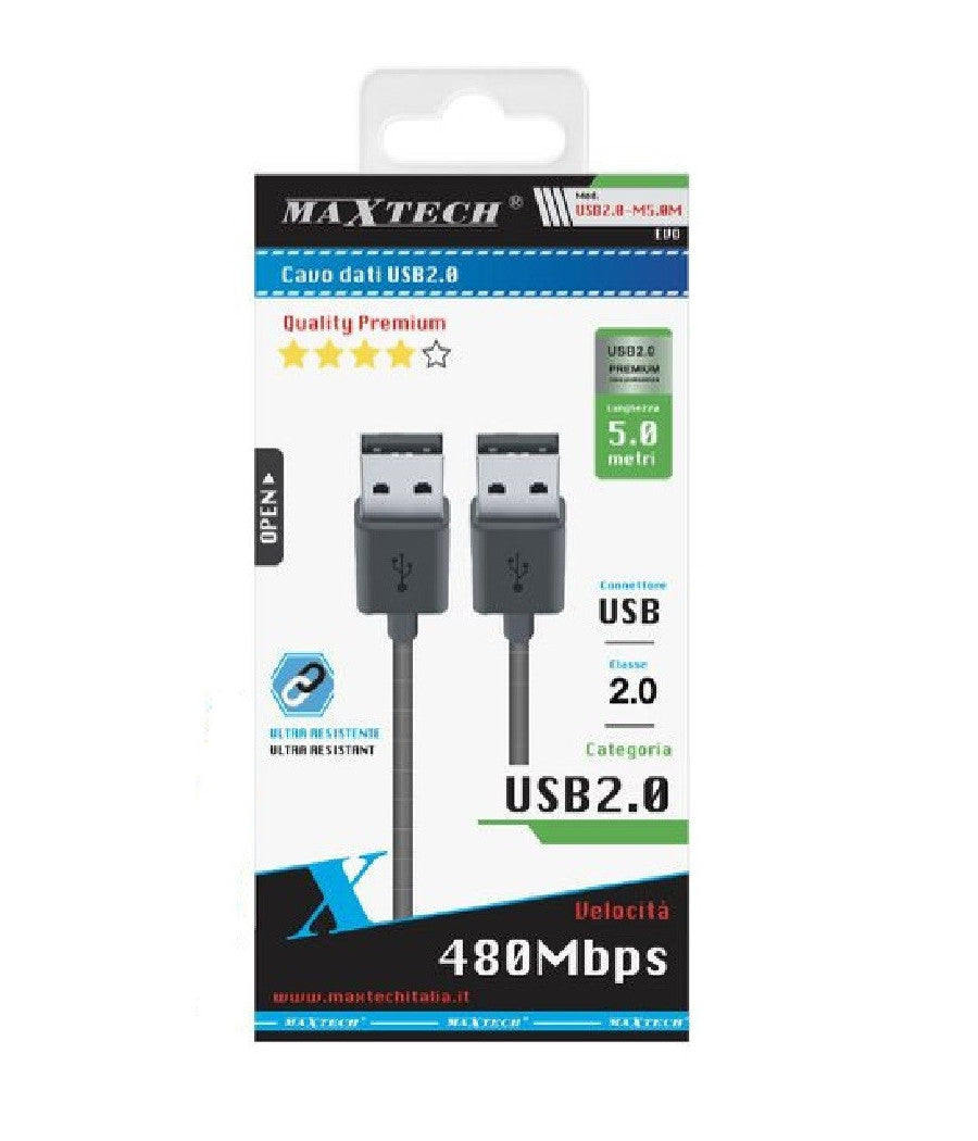 Cavo Dati Usb 2.0 Maschio - Maschio Prolunga 5 Mt 480mbps Computer Usb2.0-m5.0m         