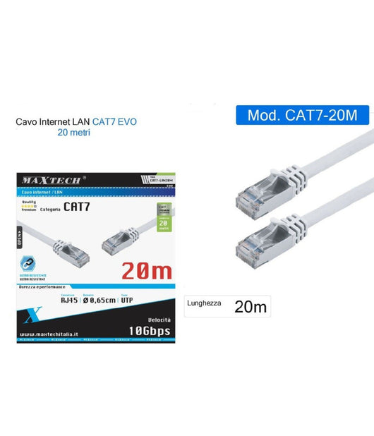 Cavo Di Rete Ethernet Cat 7 Cavetto Lan Rj45 20 Metri Maxtech Cat7-lan20m         