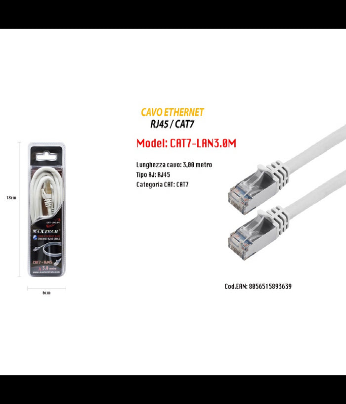 Cavo Di Rete Lan Ethernet Rj45 / Cat 7 Cavetto 3 Metri Maxtech Cat7-lan3.0m         