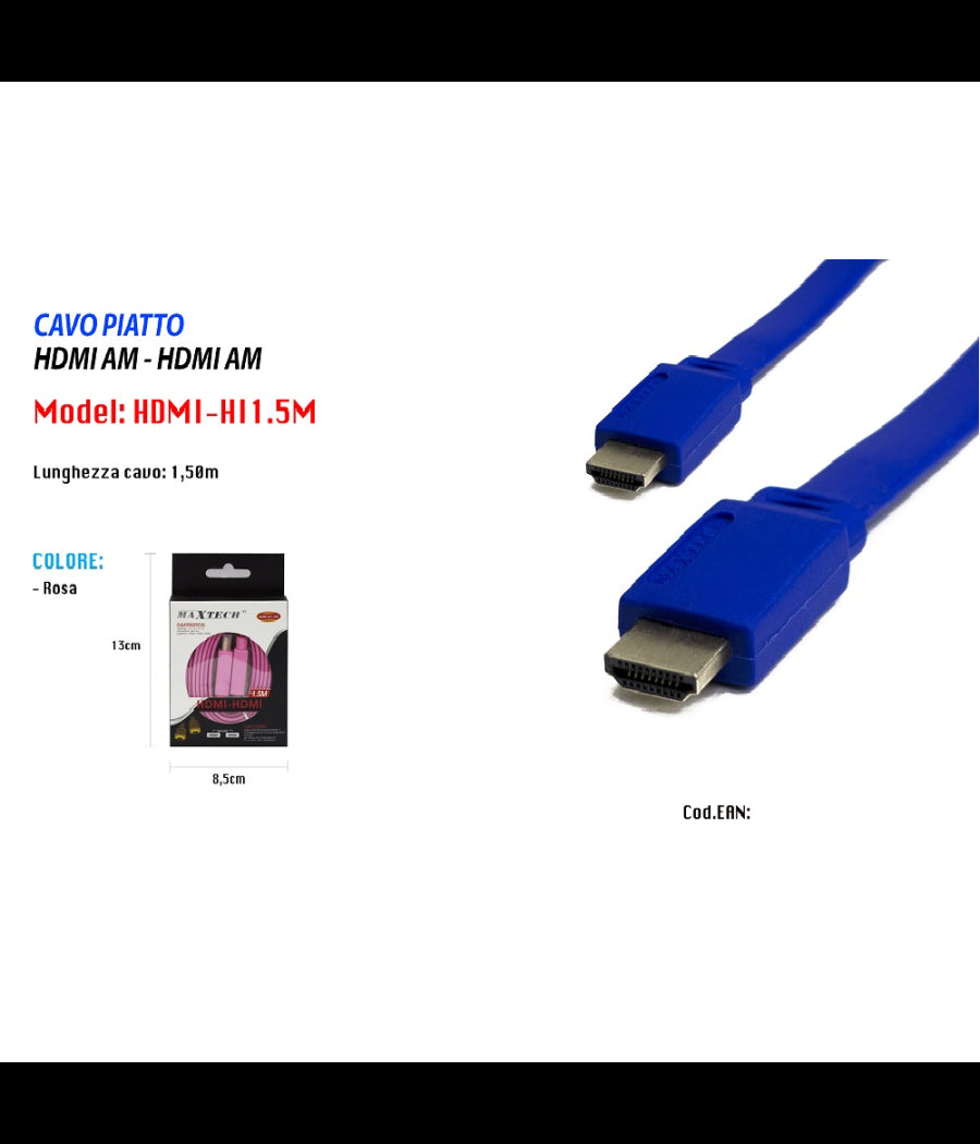 Cavo Hdmi 1.5 Mt Full Hd 1080p 1600p Piatto 24k Maxtech Audio Video Hdmi-hi1.5m         