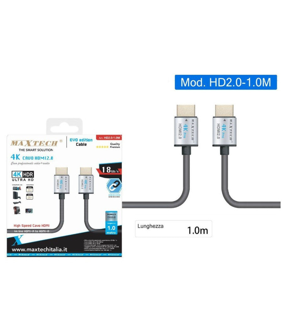 Cavo Hdmi 2.0 4k Ultra Hd 1 Mt High Speed 18gb/s Audio Video Cavetto Hd2.0-1.0m         