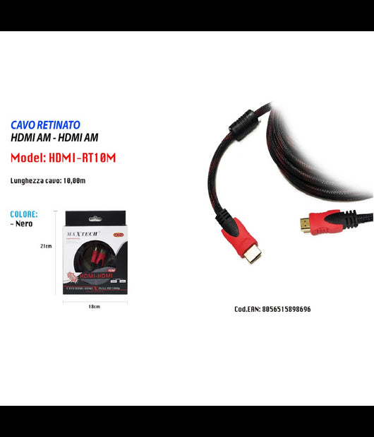 Cavo Hdmi A Hdmi Schermato Da 10mt Video Full Hd Risoluzione 1080p Maxtech Hdmi-rt10m         