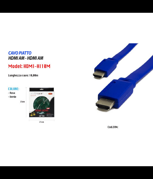 Cavo Hdmi Full Hd 1080p 1600p Piatto 24k Tv Xbox Video 10 Metri Maxtech Hdmi-hi10m         