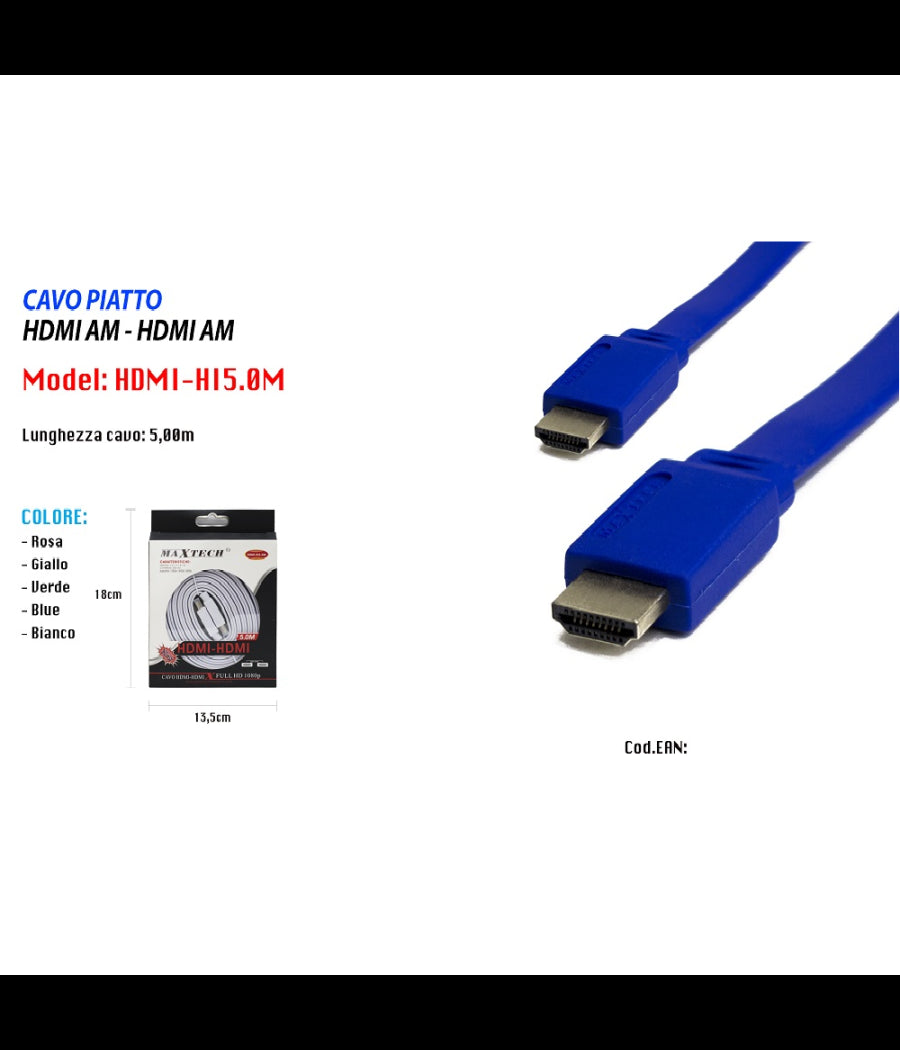 Cavo Hdmi-hdmi Full Hd 1080p Piatto 24k Tv Xbox Video 5metri Maxtech Hdmi-hi5.0m         