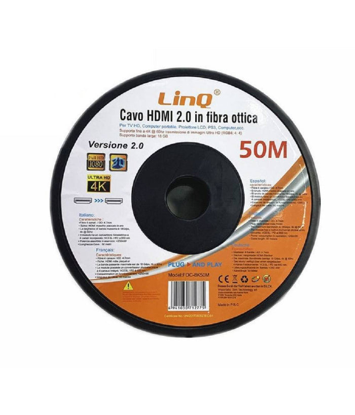 Cavo Hdmi In Fibra Ottica Ultra Hd 4k 50mt Tv Hd Computer Proiettore Lcd Foc-8k50m         
