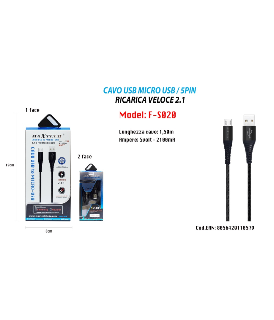 Cavo Micro Usb 1.5mt Dati Caricabatteria Usb Per Samsung Huawei Maxtech F-s020         