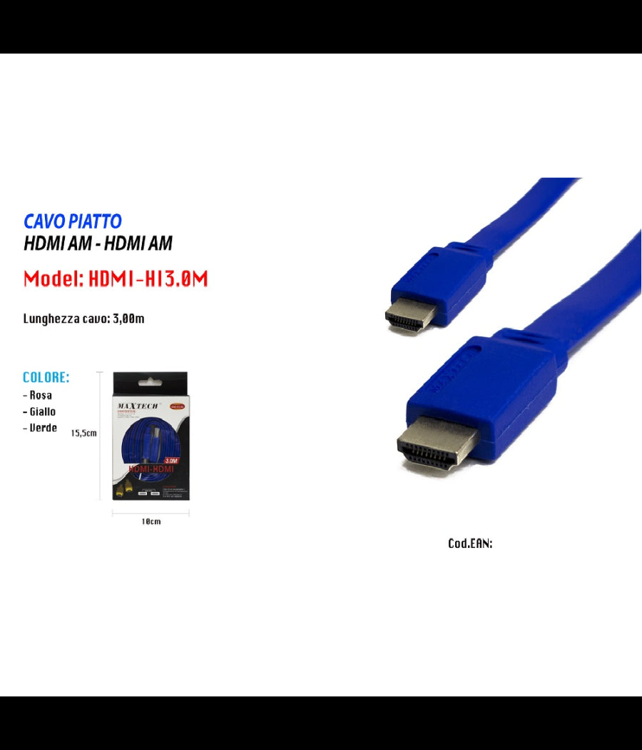 Cavo Piatto Hdmi Am - Hdmi Am Full Hd 3 Metri Per Pc Tv Xbox Maxtech Hdmi-hi3.0m         