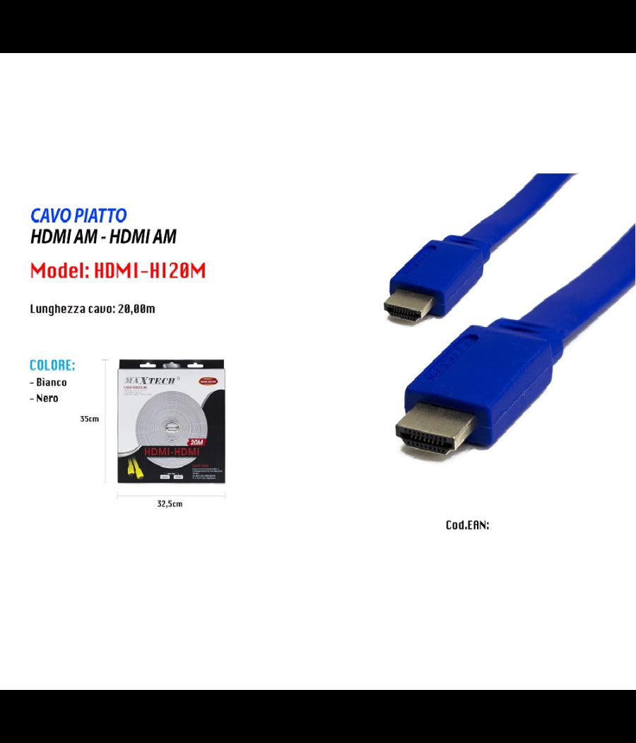 Cavo Piatto Hdmi/hdmi Tipo A Maschio A Tipo A Maschio 20 Metri Maxtech Hdmi-hi20m         