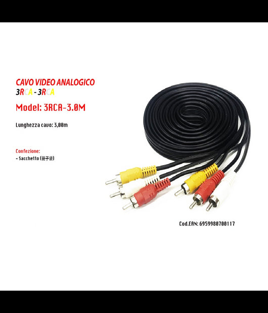 Cavo Prolunga 3mt Audio Video Analogico 3 Rca-3rca Maschio Stereo Dvd Tv Pc         
