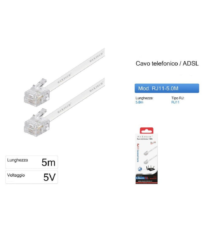 Cavo Prolunga Telefonica Rj11 5mt Collegamento Telefonico Maxtech Modem Rj11-5.0m         