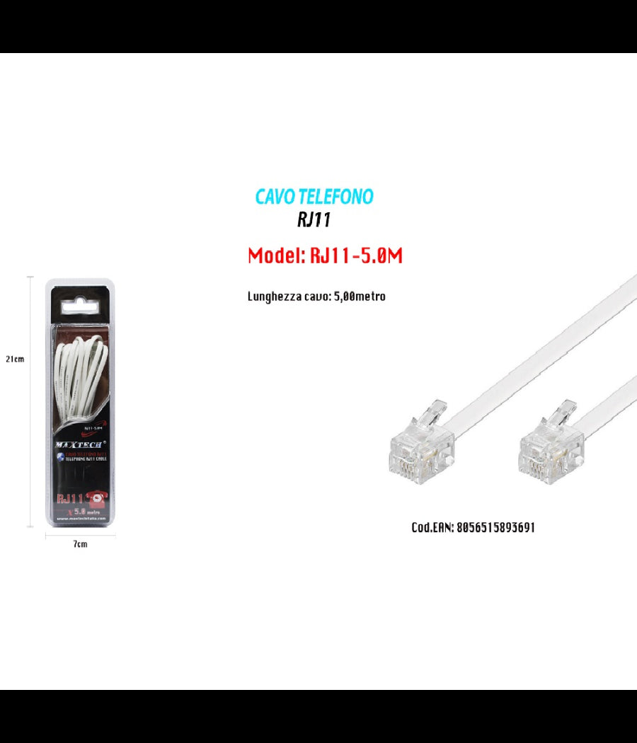 Cavo Prolunga Telefonica Rj11 5mt Collegamento Telefonico Maxtech Modem Rj11-5.0m         