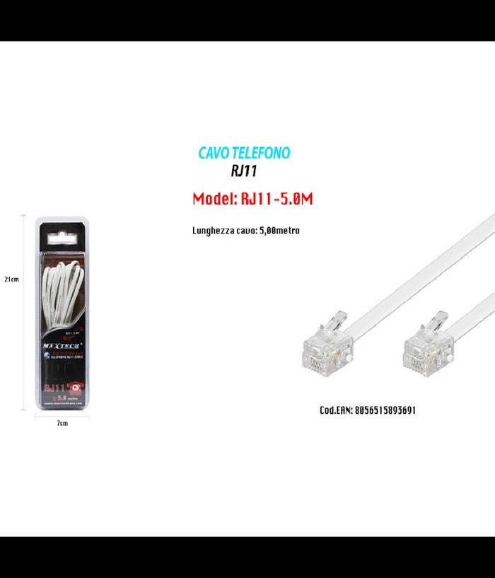 Cavo Prolunga Telefonica Rj11 5mt Collegamento Telefonico Maxtech Modem Rj11-5.0m         