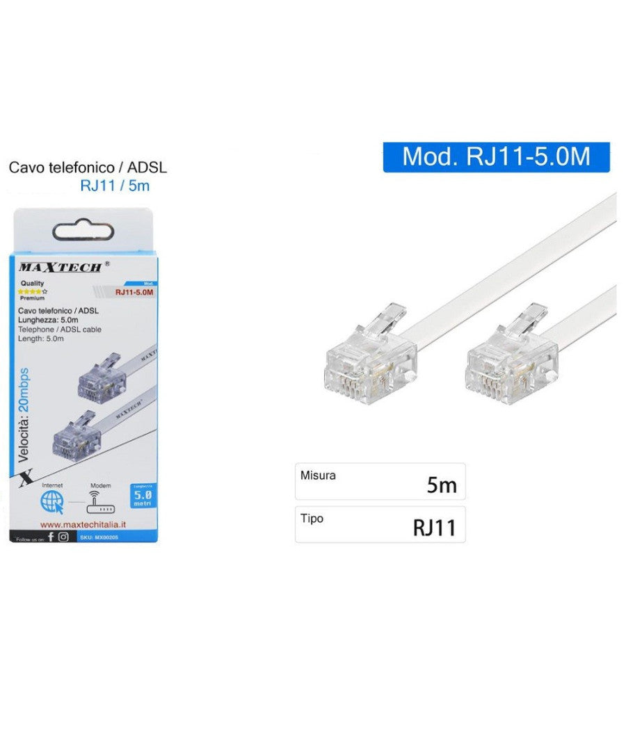 Cavo Prolunga Telefonica Rj11 5mt Collegamento Telefonico Maxtech Modem Rj11-5.0m         