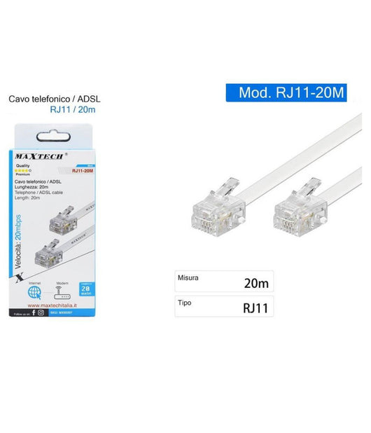Cavo Prolunga Telefonico Connettore Rj11 20 Metri Modem Adsl Maxtech Rj11-20m         
