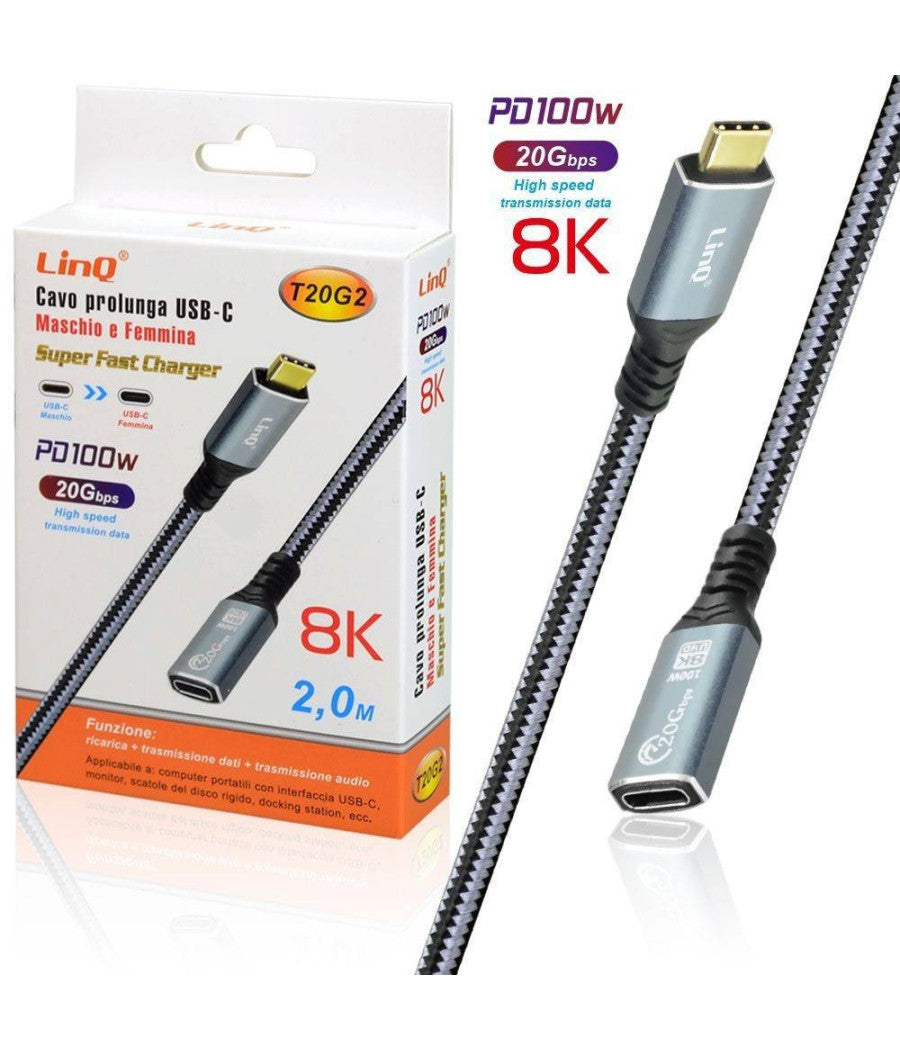 Cavo Prolunga Type-c Maschio-femmina 2mt Ricarica 100w Risoluzione 8k 20gbps T20g2         