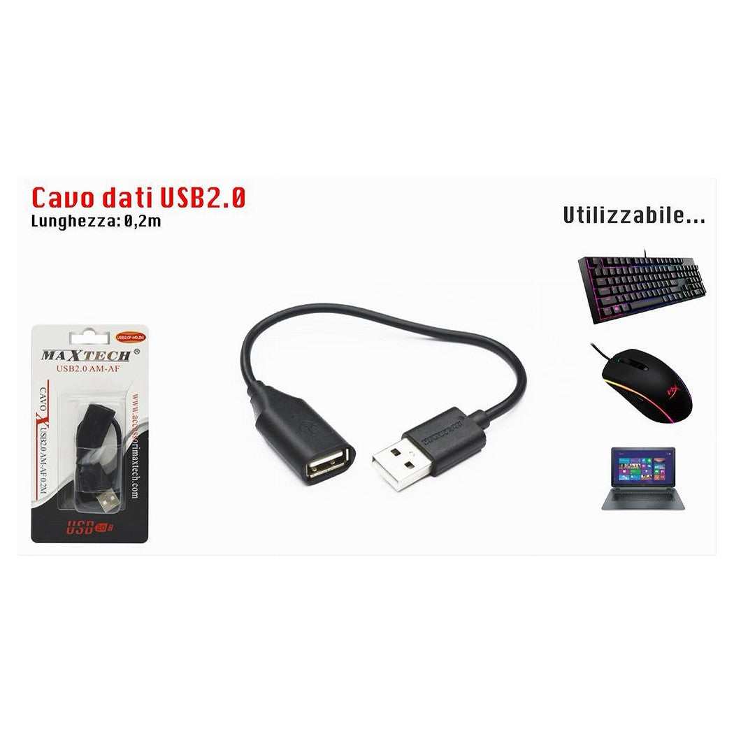 Cavo Prolunga Usb 2.0 0.2mt Maschio A Femmina Per Pc Computer Maxtech Usb2.0f-m0.2m         