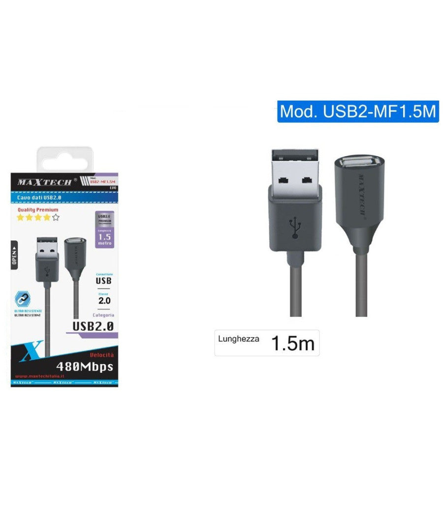 Cavo Prolunga Usb 2.0 Maschio A Femmina Pc Computer 1,5mt Maxtech Usb2.0-mf1.5m         