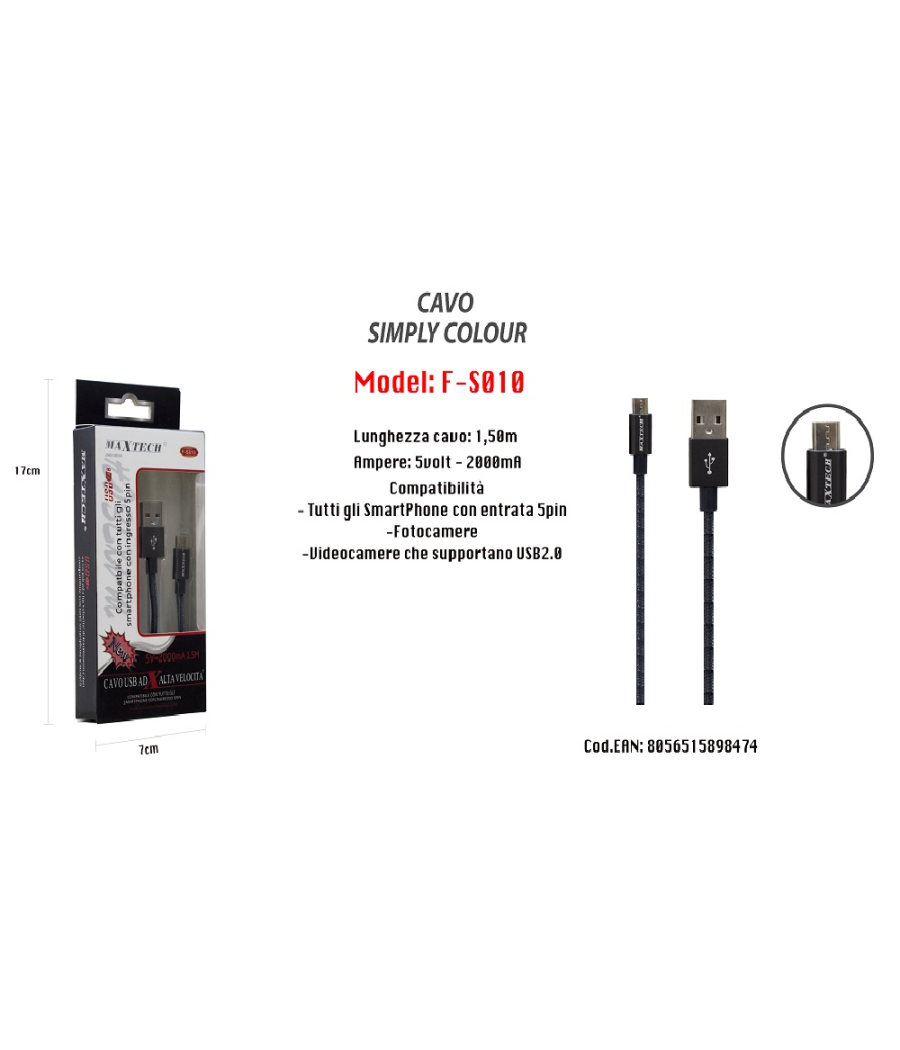 Cavo Simply Colour Per Smartphone 5volt - 2000ma Lunghezza 1,5mt Maxtech F-s010         