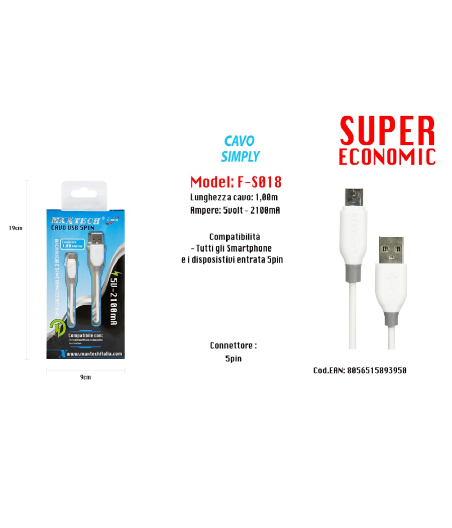 Cavo Simply Usb Connettore 5pin Per Smarthphone 5volt - 2100ma 1,0mt Maxtech F-s018         