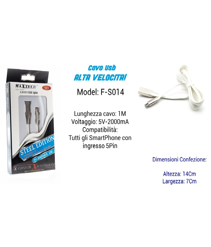 Cavo Steel Edition Per Smartphone Uscita 5pin 5volt - 2000ma 1,00mt Maxtech F-s014         