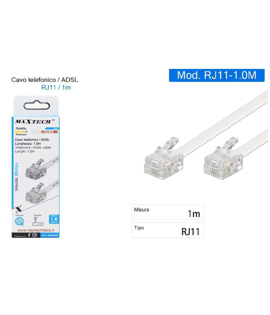 Cavo Telefonico Adsl Rj11 1 Mt Collegamento Telefonico Modem Internet Rj11-1.0m         