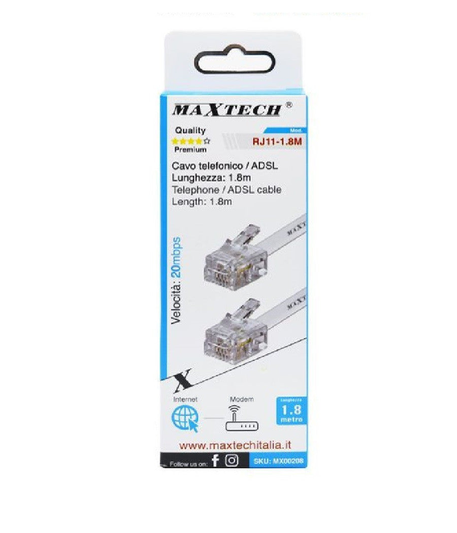 Cavo Telefonico Adsl Rj11 Collegamento Telefonico Modem 20mbps 1.8 Mt Rj11-1.8m         