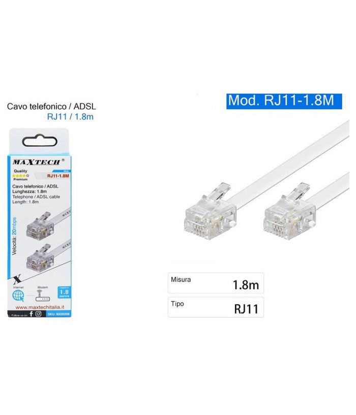 Cavo Telefonico Adsl Rj11 Collegamento Telefonico Modem 20mbps 1.8 Mt Rj11-1.8m         