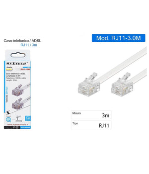 Cavo Telefonico Rj11 3mt Collegamento Telefonico Prolunga Modem Maxtech Rj11-3.0m         