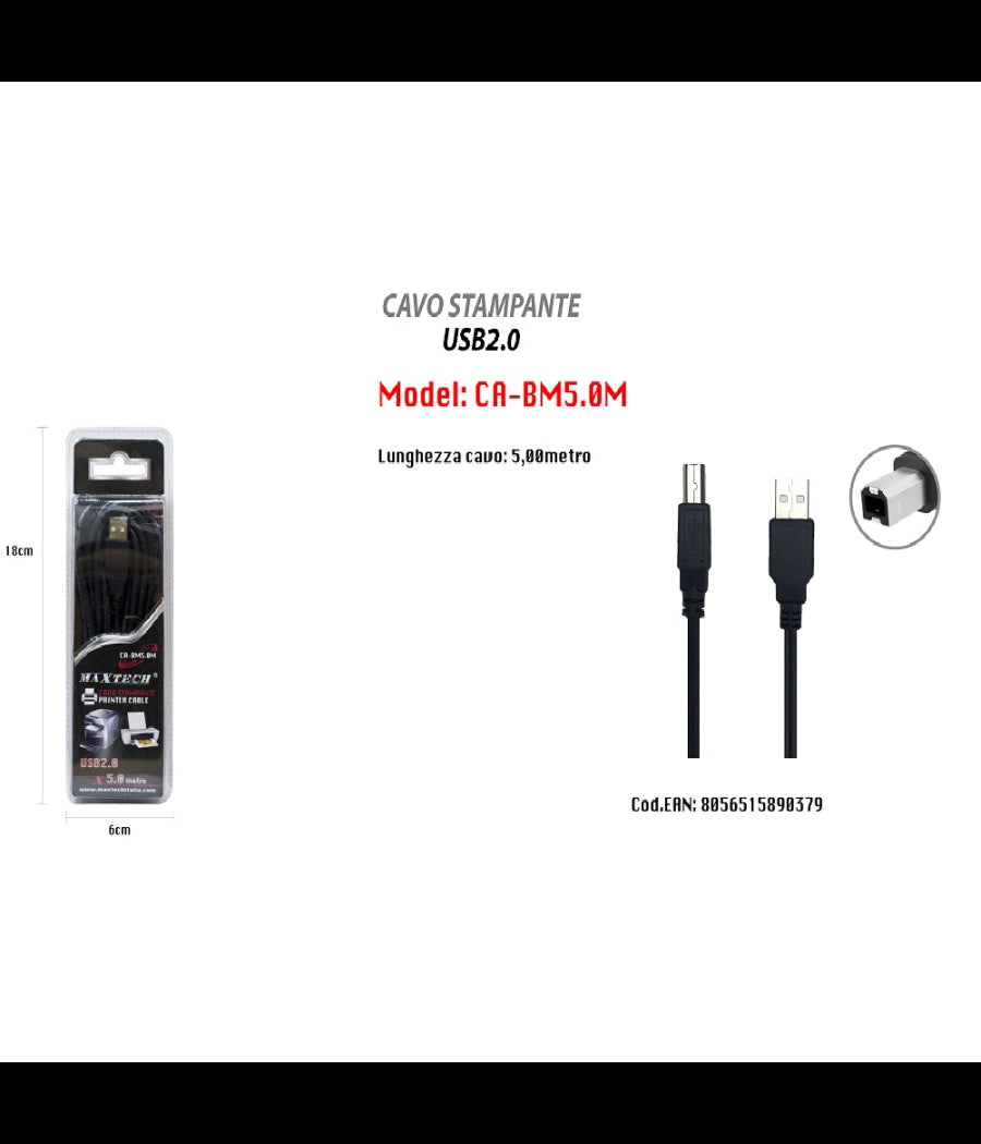 Cavo Usb 2.0 5 Mt Ad Alta Velocità  Per Stampante Hard Disk Scanner A/b Maschio         