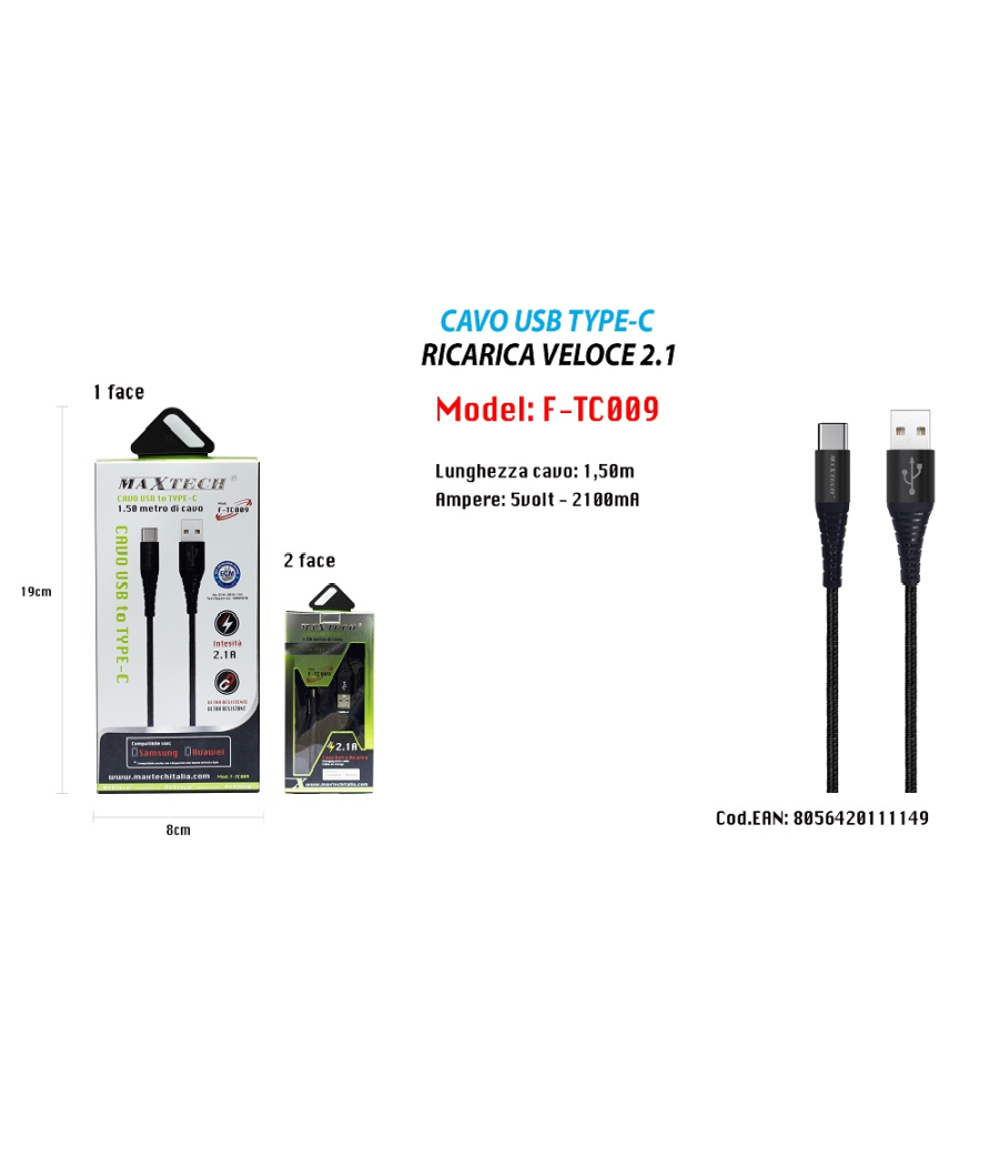 Cavo Usb A Type C Dati Ricarica Per Samsung Huawei 1.5 Metri 3a Maxtech F-tc009         