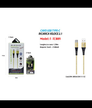 Cavo Usb A Type C Dati Ricarica Per Samsung Huawei 1.5 Metri 3a Maxtech F-tc009         