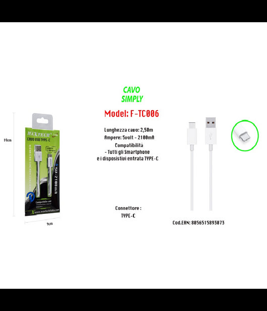 Cavo Usb Di Ricarica Sincronizzazione Simply 2,50mt Smartphone 5v-2100ma Maxtech F-tc006         