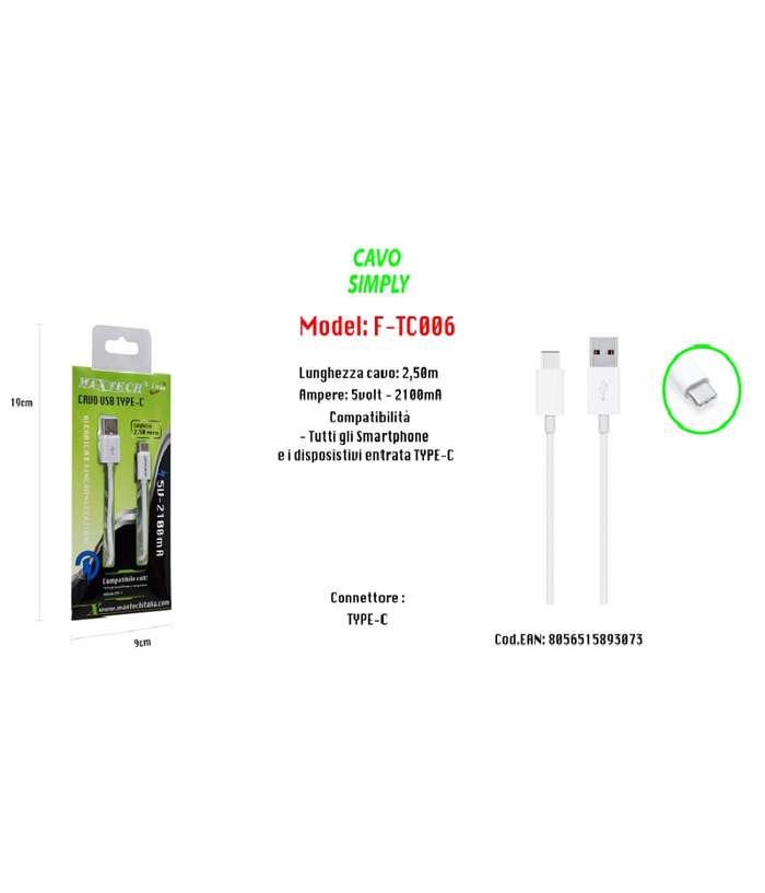 Cavo Usb Di Ricarica Sincronizzazione Simply 2,50mt Smartphone 5v-2100ma Maxtech F-tc006         
