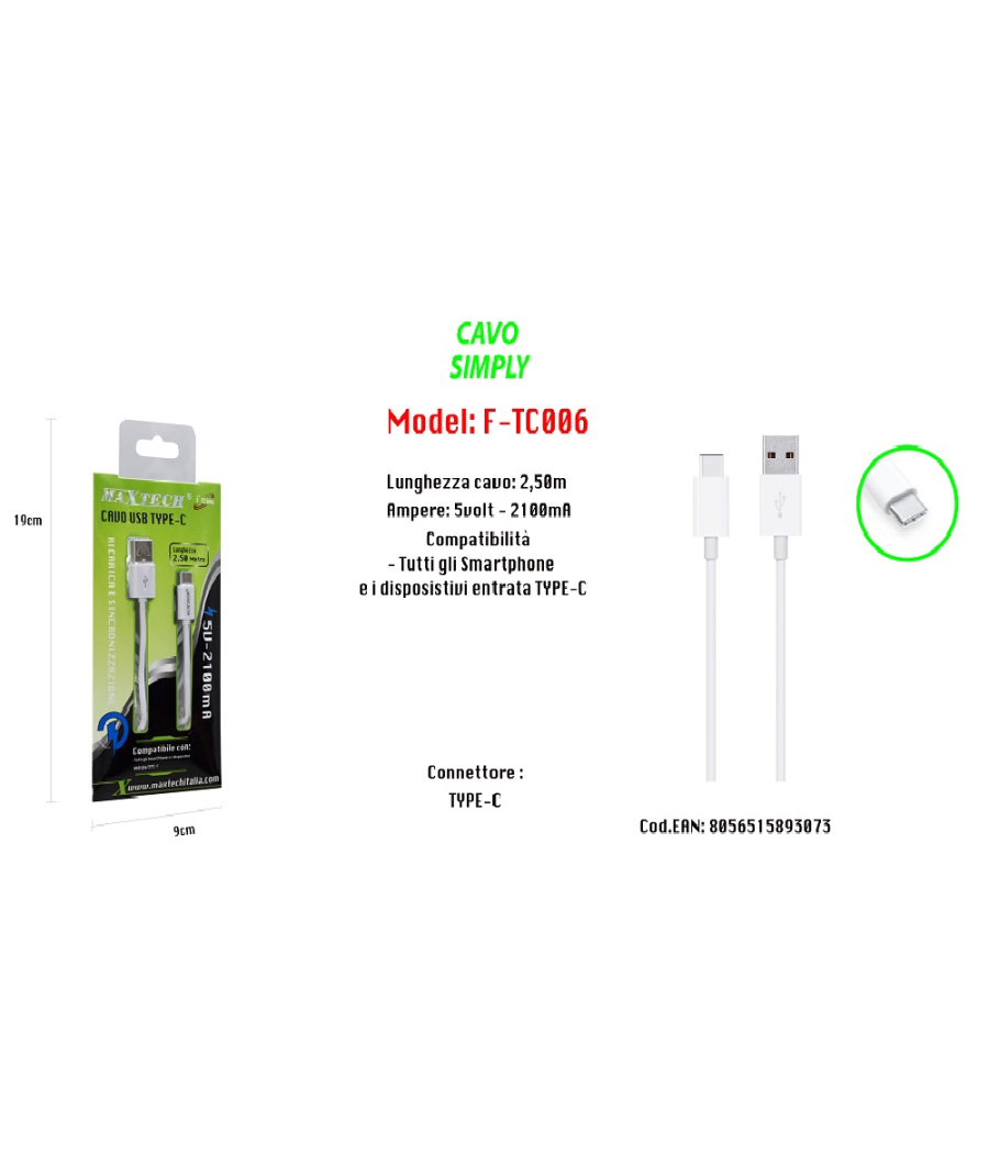 Cavo Usb Di Ricarica Sincronizzazione Simply 2,50mt Smartphone 5v-2100ma Maxtech F-tc006         