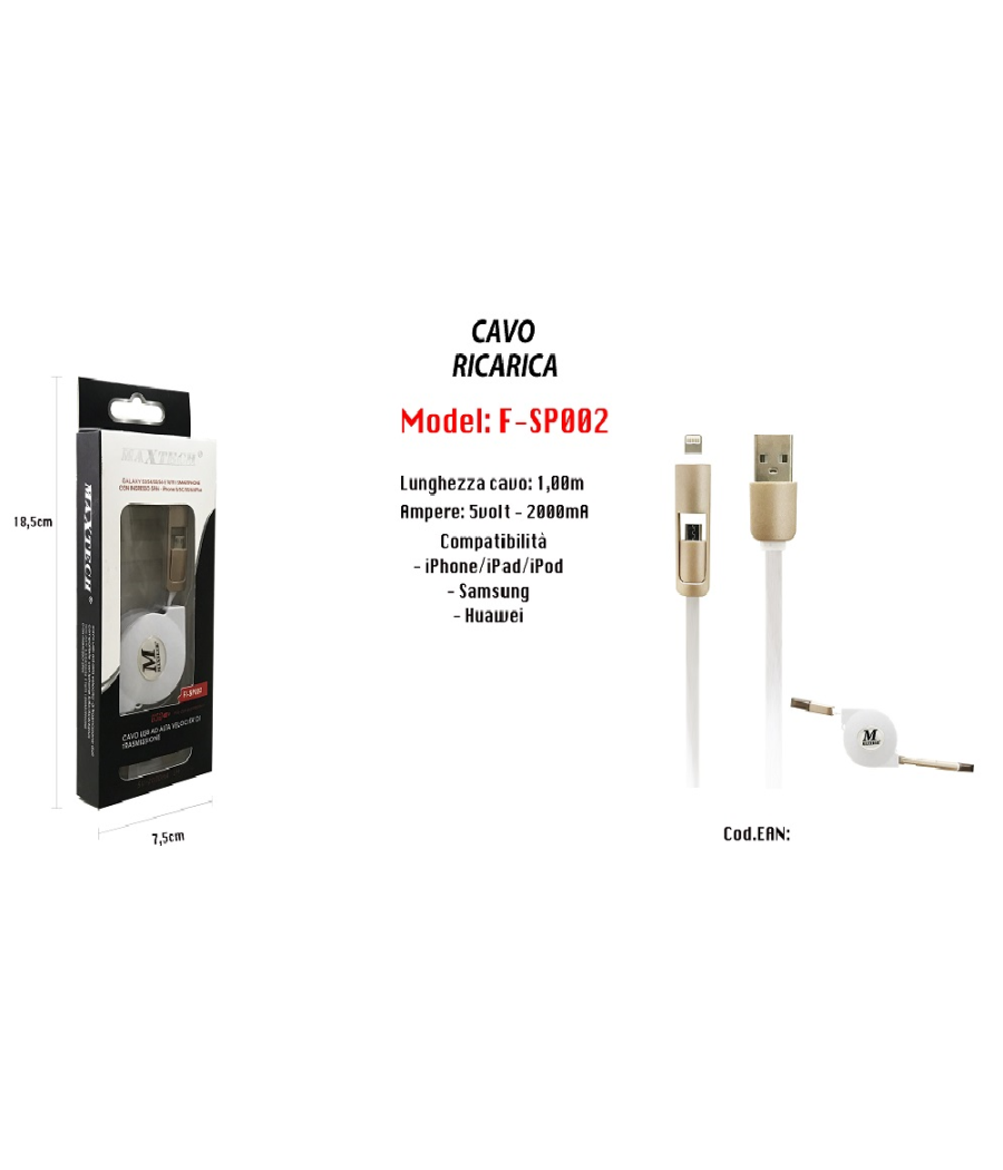 Cavo Usb Filo Ricarica Per Iphone Samsung Huawei 5volt - 2000ma 1mt Maxtech F-sp002         