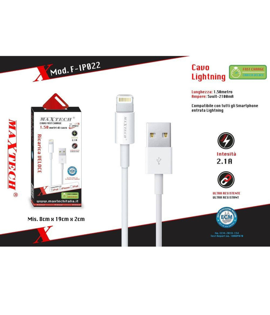 Cavo Usb Lightning 1,5mt 2.1a Ricarica Veloce Trasmissione Dati Maxtech F-ip022         
