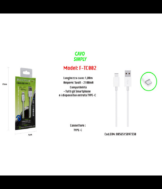Cavo Usb Per Ricarica Smartphone Ipad 1,00mt Simply 5v-2100ma Maxtech F-tc002         
