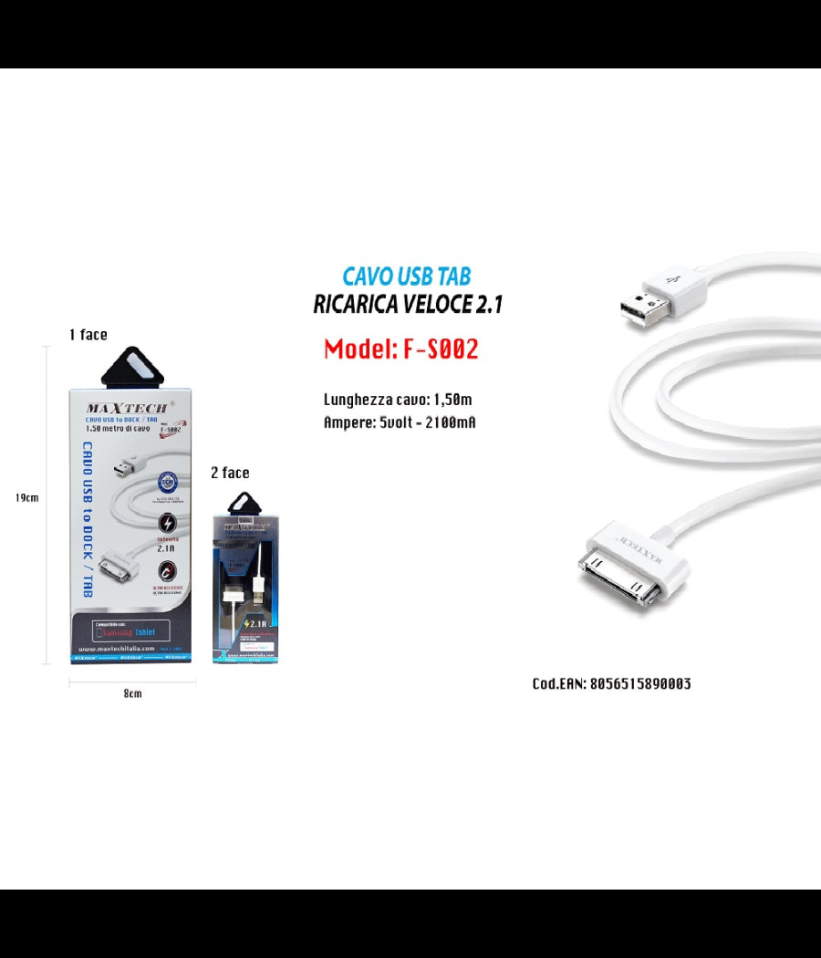 Cavo Usb Ricarica Filo Tab 2.1 Lunghezza 1,5mt Ampere 5v-2100ma Maxtech F-s002         