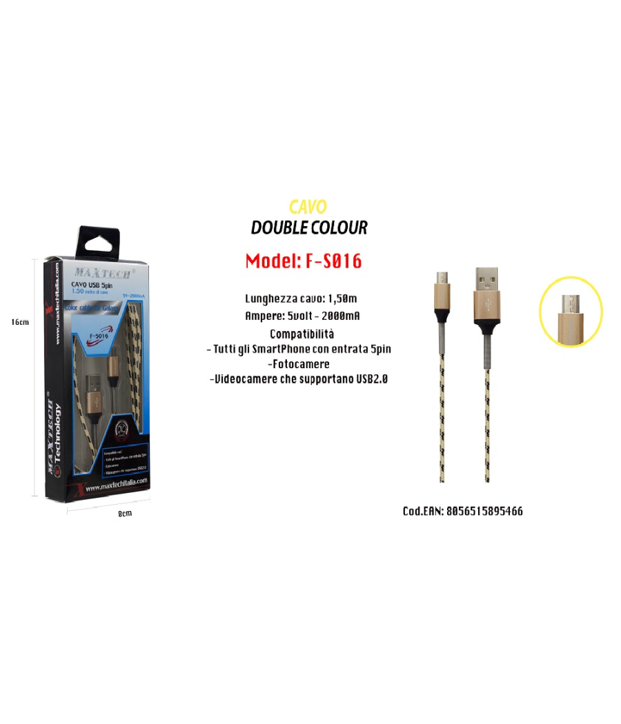 Cavo Usb Simply Colour X Smartphone Fotocamere 5volt - 2000ma 1,5mt Maxtech F-s016         