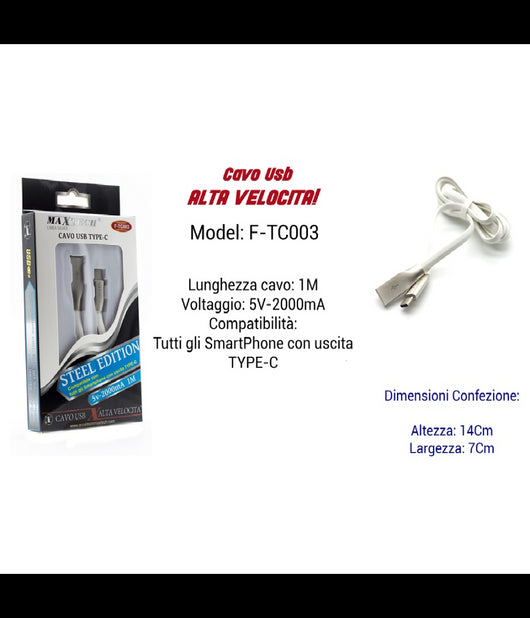 Cavo Usb Type-c Alta Velocita' Per Smartphone 1mt Ampere 5v - 2000ma Maxtech F-tc003         