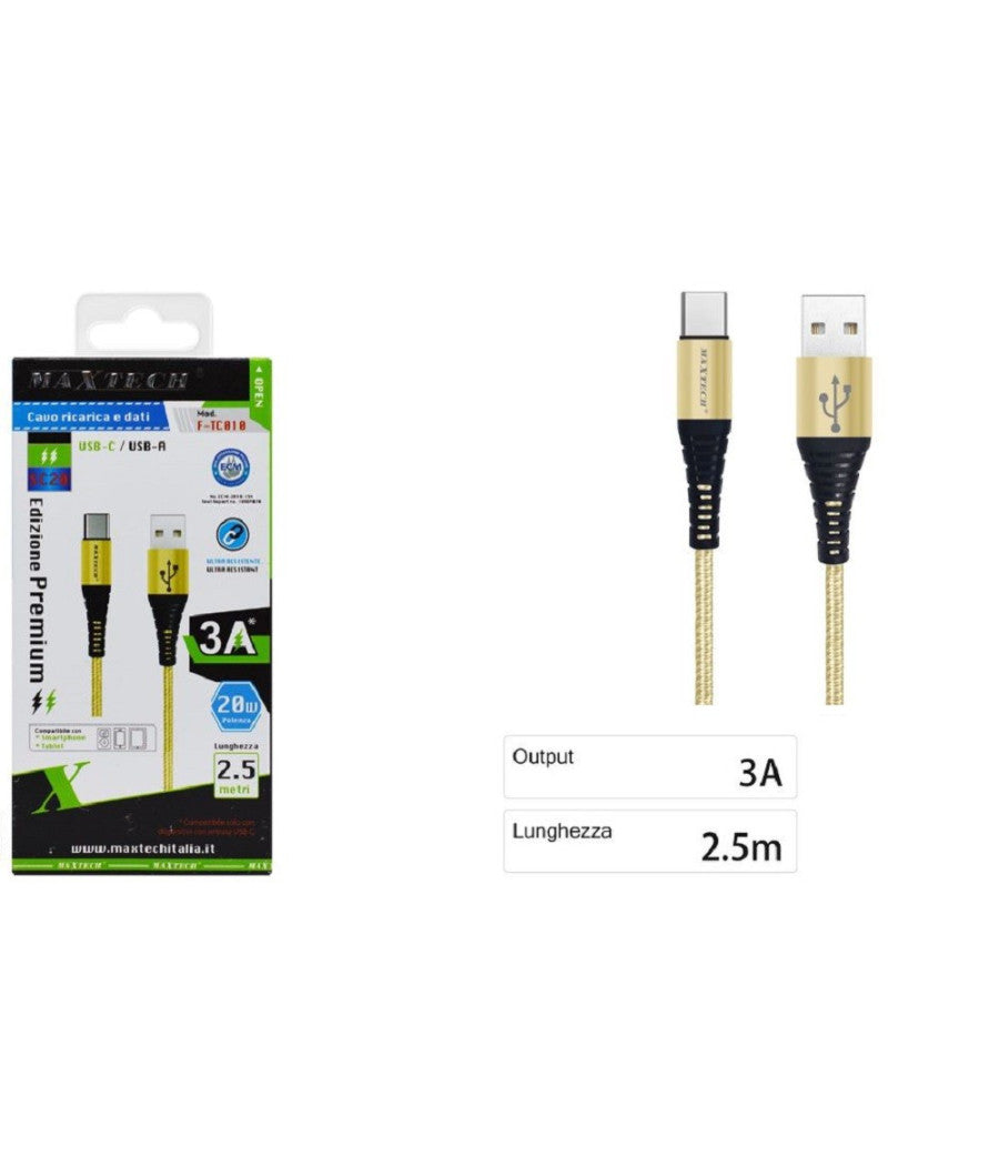 Cavo Usb Type-c Ricarica Veloce 3a 2.5 Metri Trasferimento Dati Maxtech F-tc010         