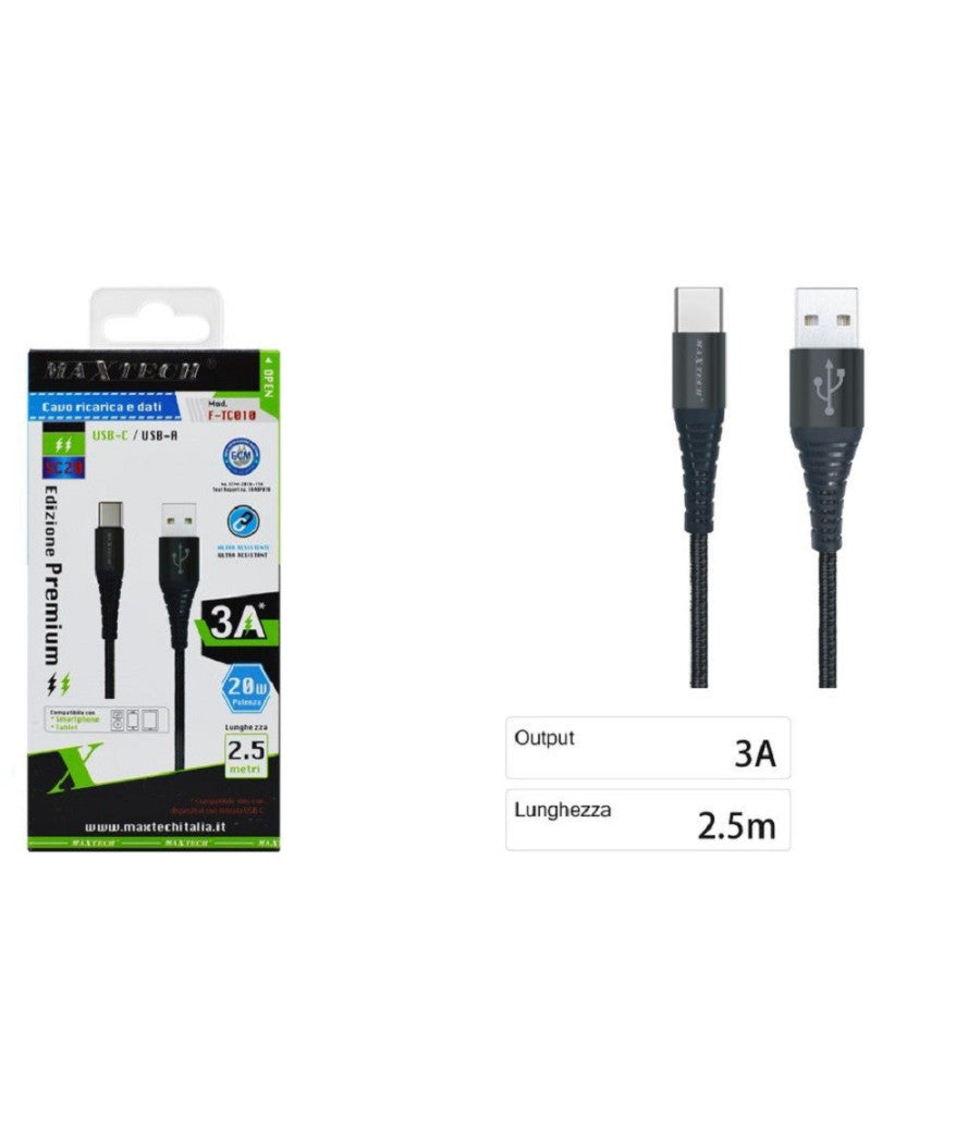Cavo Usb Type-c Ricarica Veloce 3a 2.5 Metri Trasferimento Dati Maxtech F-tc010         