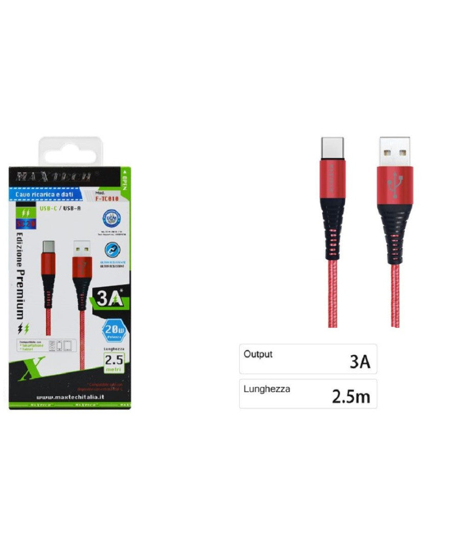 Cavo Usb Type-c Ricarica Veloce 3a 2.5 Metri Trasferimento Dati Maxtech F-tc010         