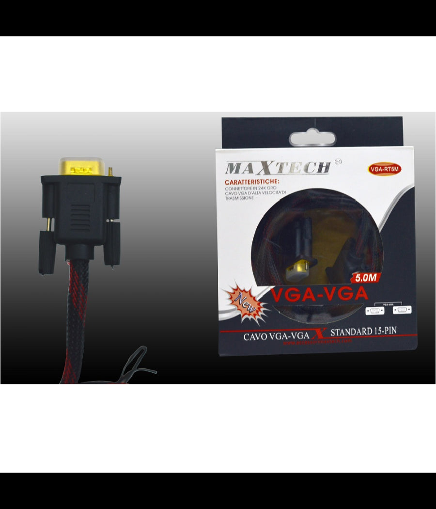 Cavo Vga/vga Maschio-maschio 5mt Retinato 15 Pin Filo Per Pc Tv Maxtech Vga-rt5m         